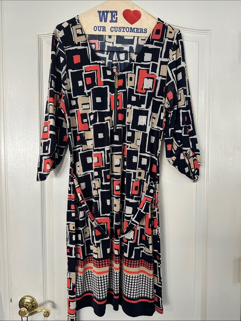 Geometric Print Black & Coral belted dress with gold zipper closure Women's